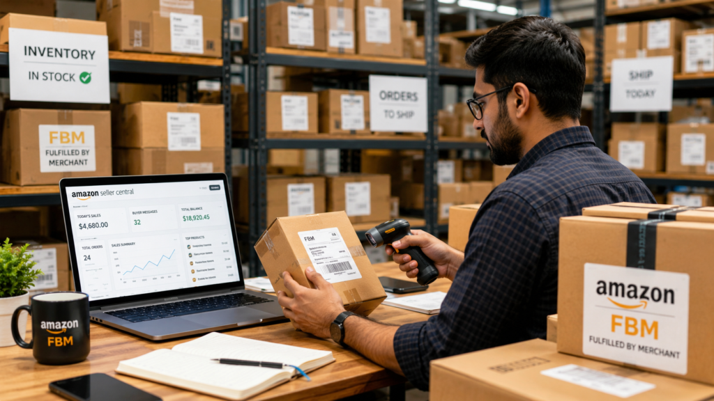 Amazon FBM seller managing inventory and warehouse stock