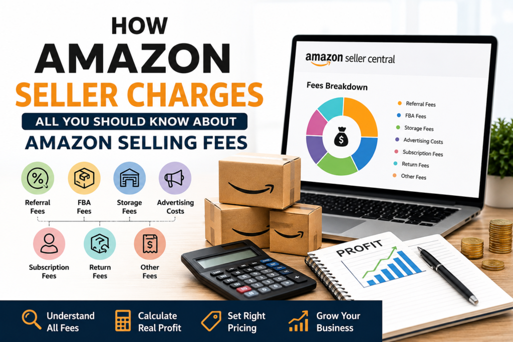 Amazon seller charges and Amazon selling fees breakdown with dashboard showing profit calculation and business expenses