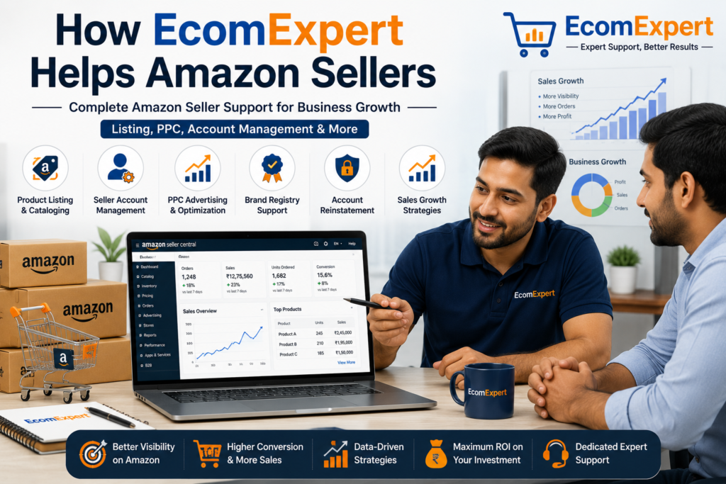 EcomExpert helping Amazon sellers with product listing, account management, and sales growth services
