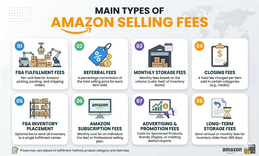 Different types of Amazon selling fees including referral, shipping, FBA, and storage fees.