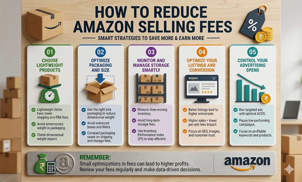 Tips to reduce Amazon seller fees through lightweight products, packaging optimization, and ad control.